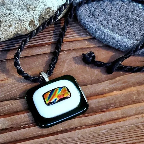 Artisan Green White Black Multi Fused Dichroic Glass Rectangle Pendant Necklace - Picture 4 of 6